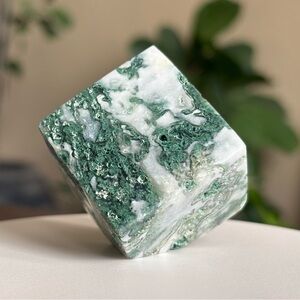 Moss Agate Crystal Floating Cube Carving with Druzy and Natural Imperfections